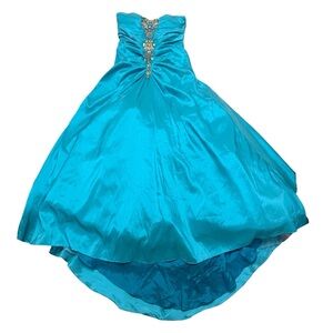 Jovani Prom Gown Dress Strapless Turquoise Blue High Low Beaded Sequin Size 8